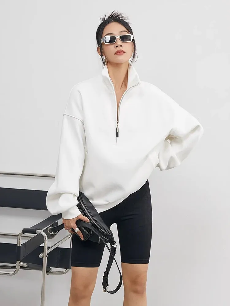 2025 New Casual Sweatshirt – Women's Half Zip Pullover Hoodie | Oversized Solid Color Stand Collar Long Sleeve Top