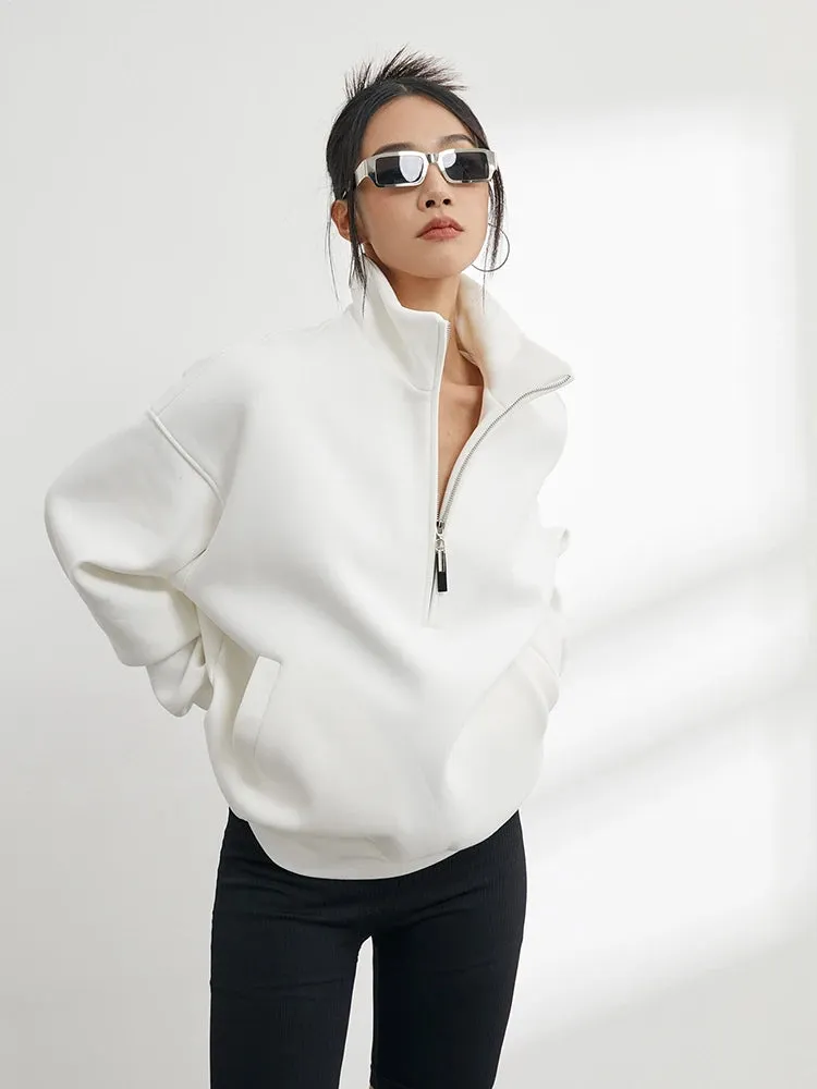 2025 New Casual Sweatshirt – Women's Half Zip Pullover Hoodie | Oversized Solid Color Stand Collar Long Sleeve Top