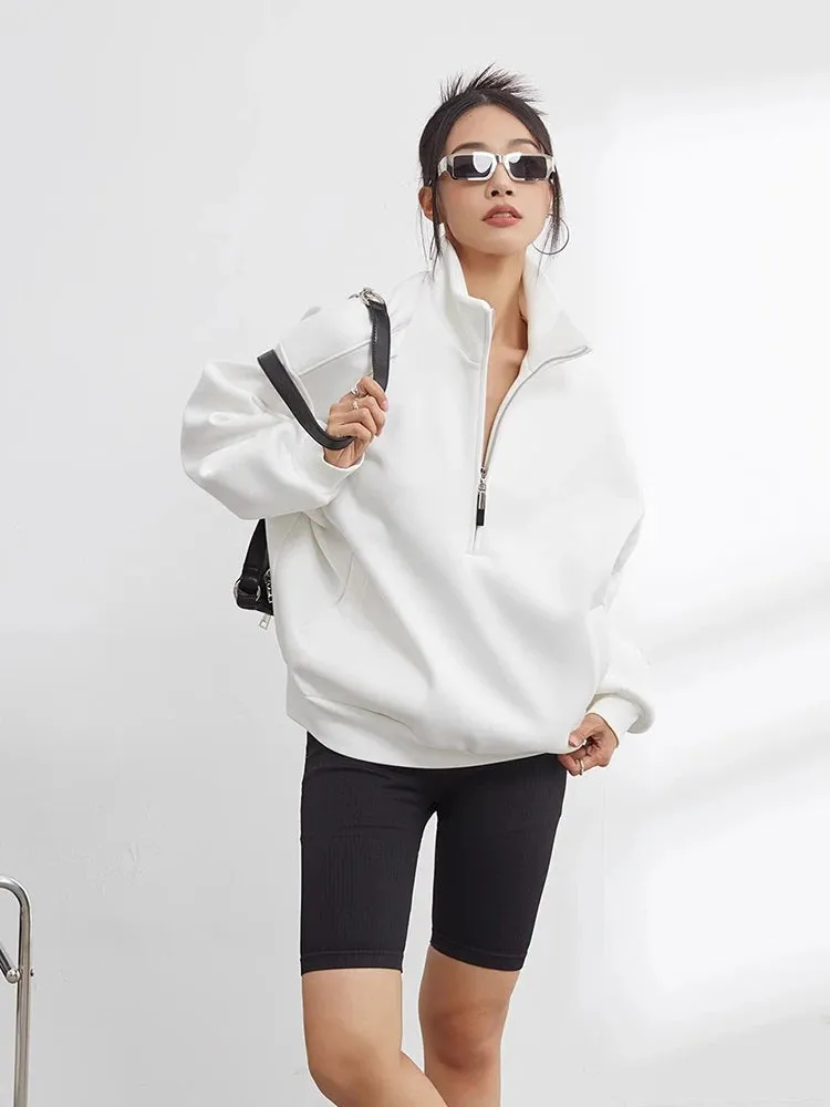 2025 New Casual Sweatshirt – Women's Half Zip Pullover Hoodie | Oversized Solid Color Stand Collar Long Sleeve Top