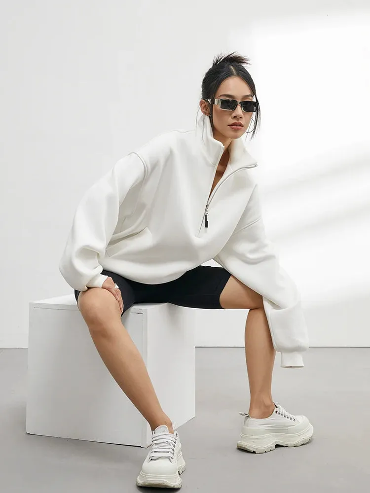 2025 New Casual Sweatshirt – Women's Half Zip Pullover Hoodie | Oversized Solid Color Stand Collar Long Sleeve Top