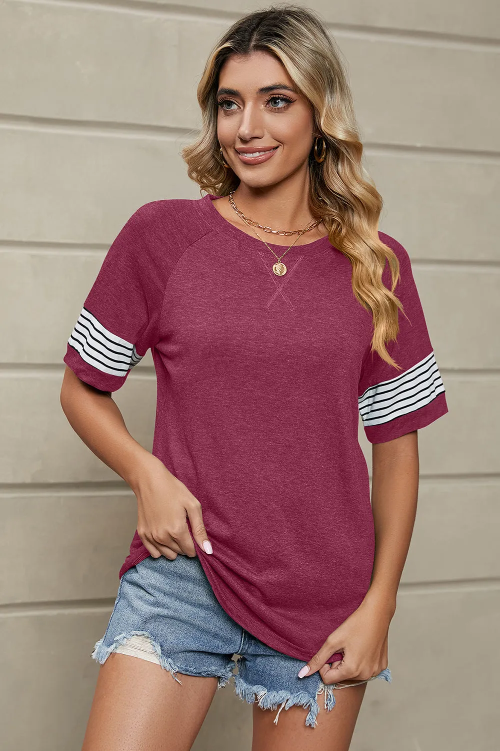 Addisyn Striped Round Neck Short Sleeve T-Shirt