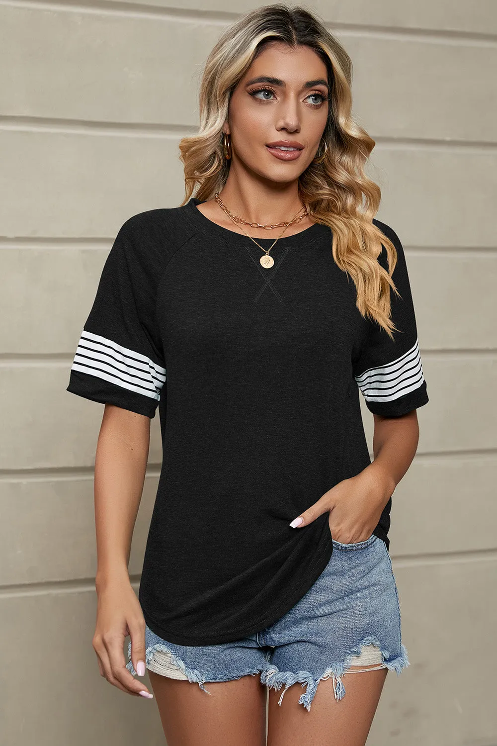Addisyn Striped Round Neck Short Sleeve T-Shirt