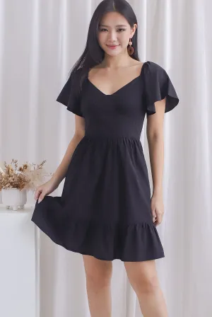 Aenor Bustier Sleeved Ruffle Romper Dress In Black