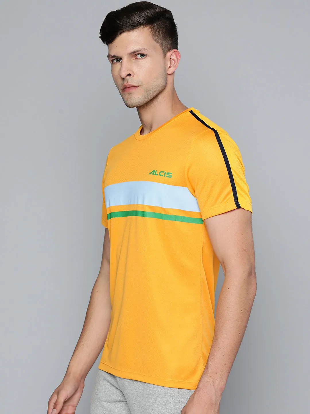 Alcis Men Yellow & Blue Striped Slim Fit T-shirt