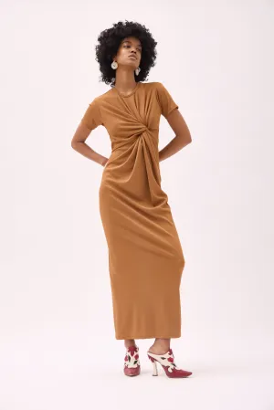 ARCHY TWISTED T-SHIRT DRESS - TAN