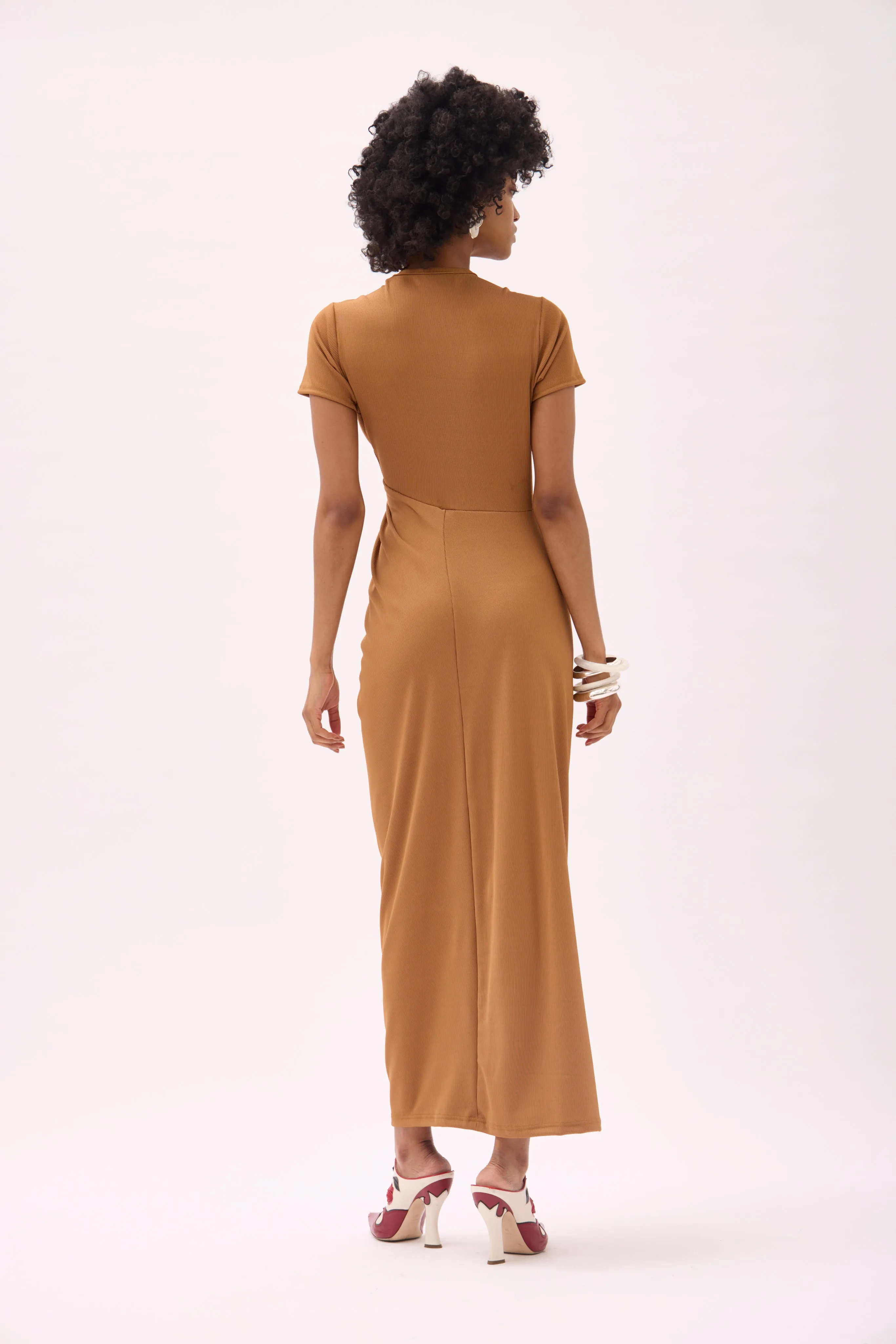 ARCHY TWISTED T-SHIRT DRESS - TAN