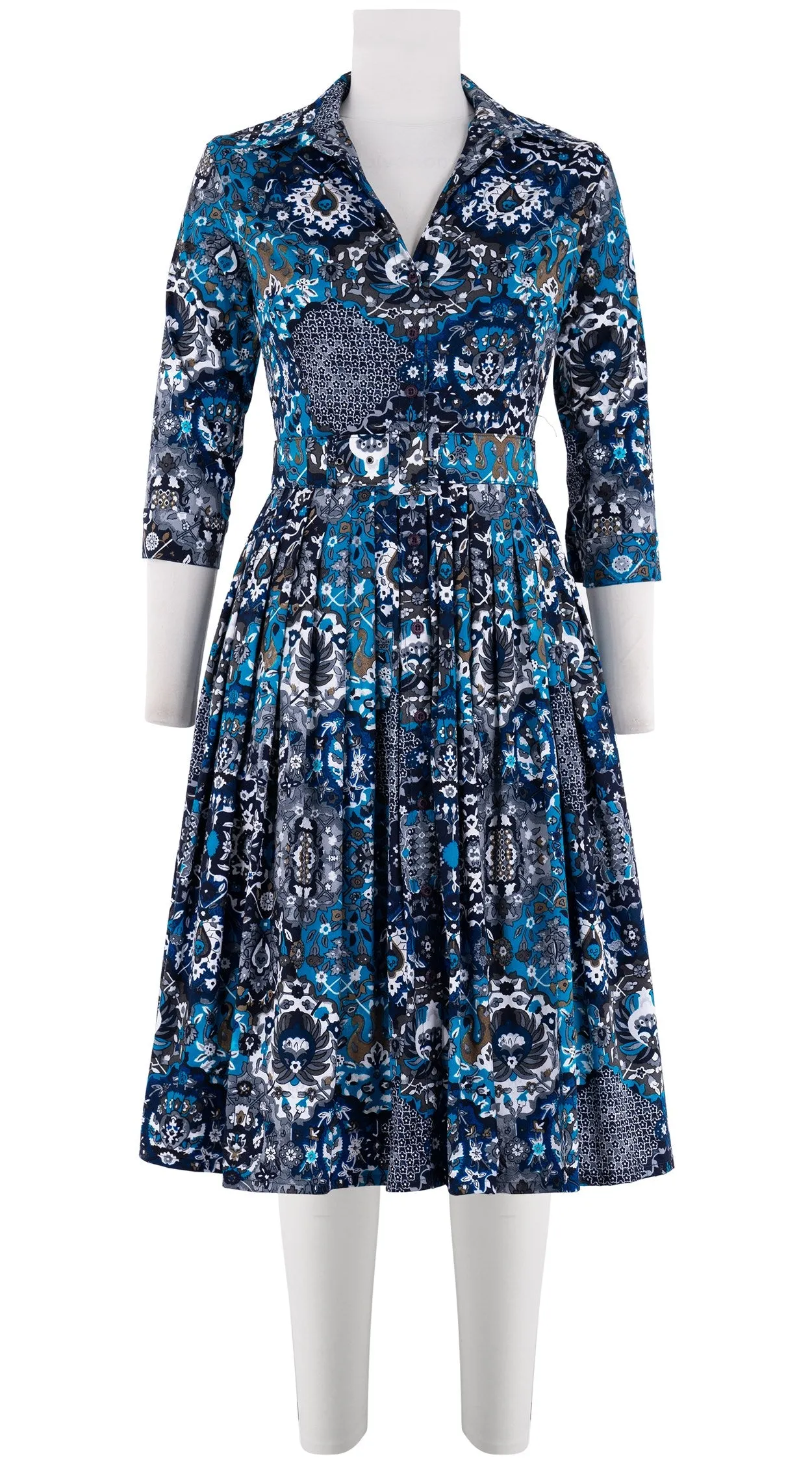 Audrey Dress #2 Shirt Collar 3/4 Sleeve Long Length Cotton Stretch (Casper Wallpaper Bright)