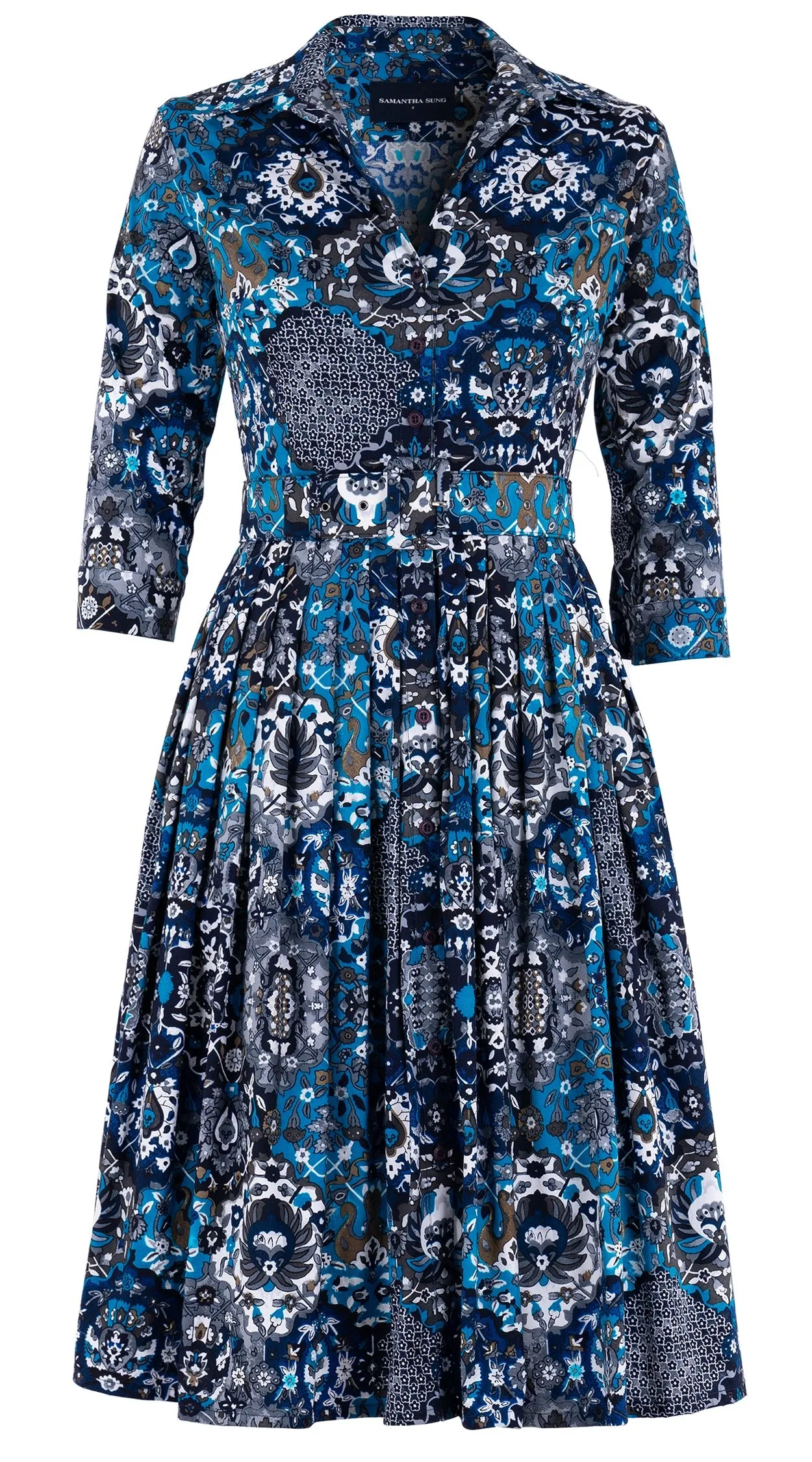 Audrey Dress #2 Shirt Collar 3/4 Sleeve Long Length Cotton Stretch (Casper Wallpaper Bright)