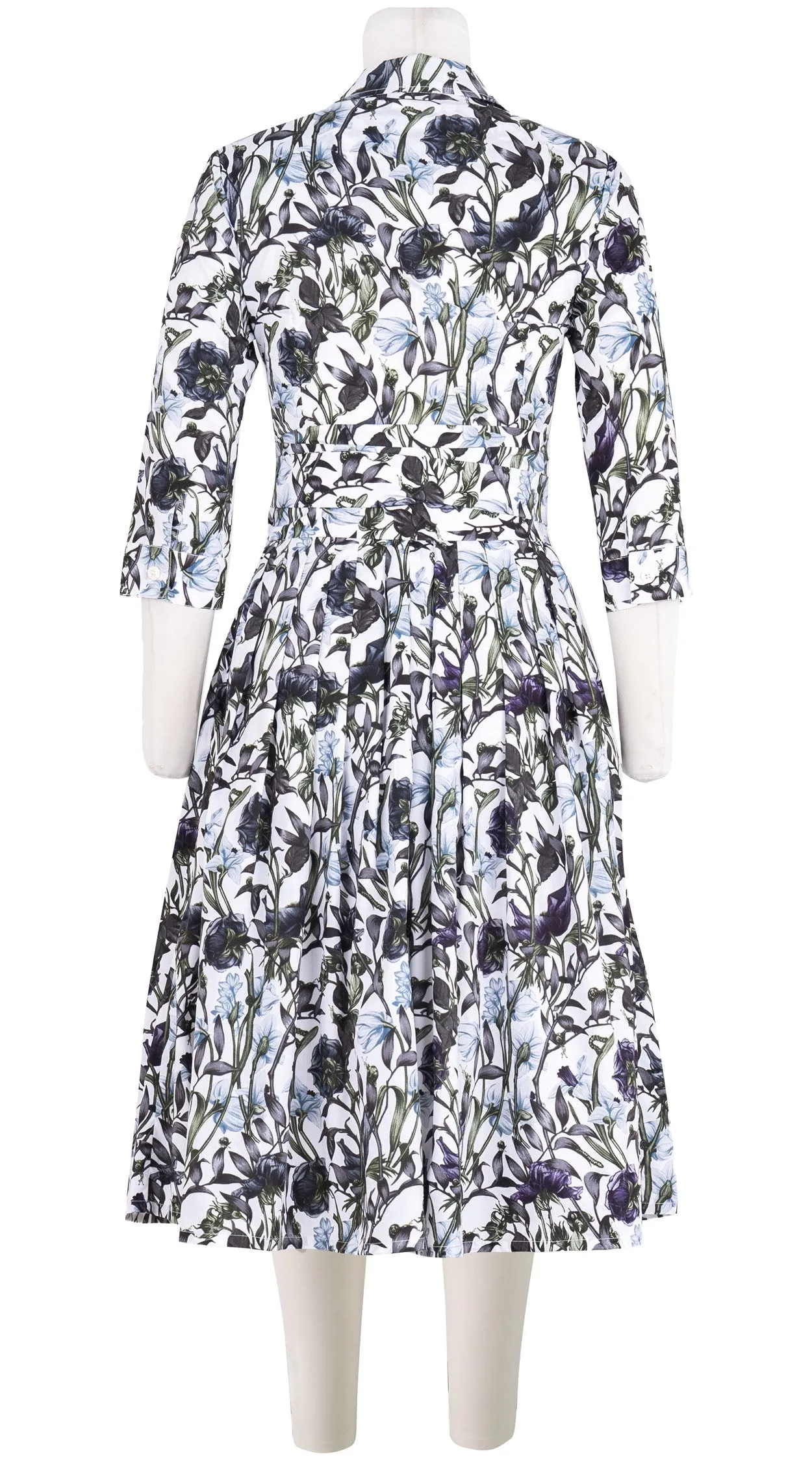 Audrey Dress #2 Shirt Collar 3/4 Sleeve Long Length Cotton Stretch (Meadow Flower White)