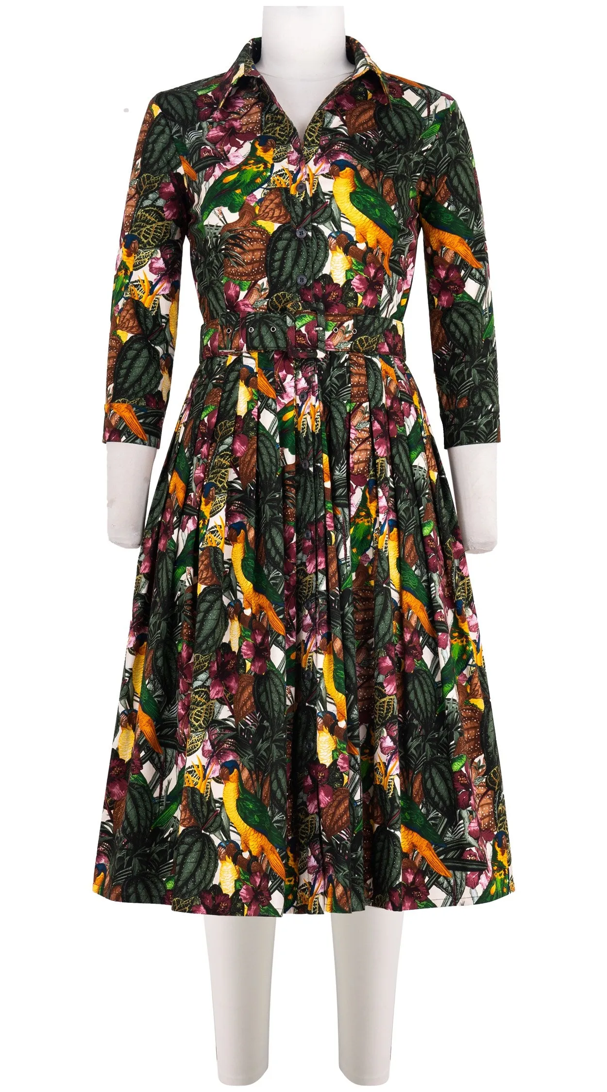 Audrey Dress #2 Shirt Collar 3/4 Sleeve Long Length Cotton Stretch (Mocking Bird)