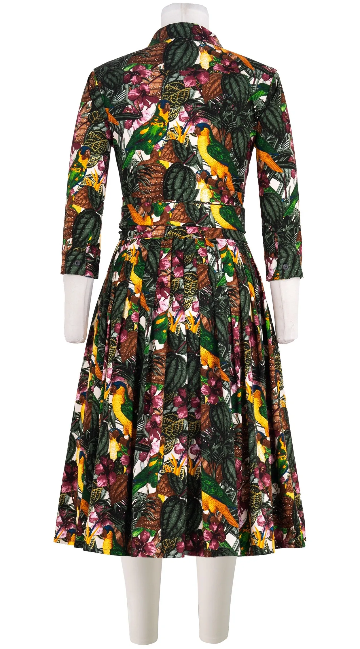 Audrey Dress #2 Shirt Collar 3/4 Sleeve Long Length Cotton Stretch (Mocking Bird)