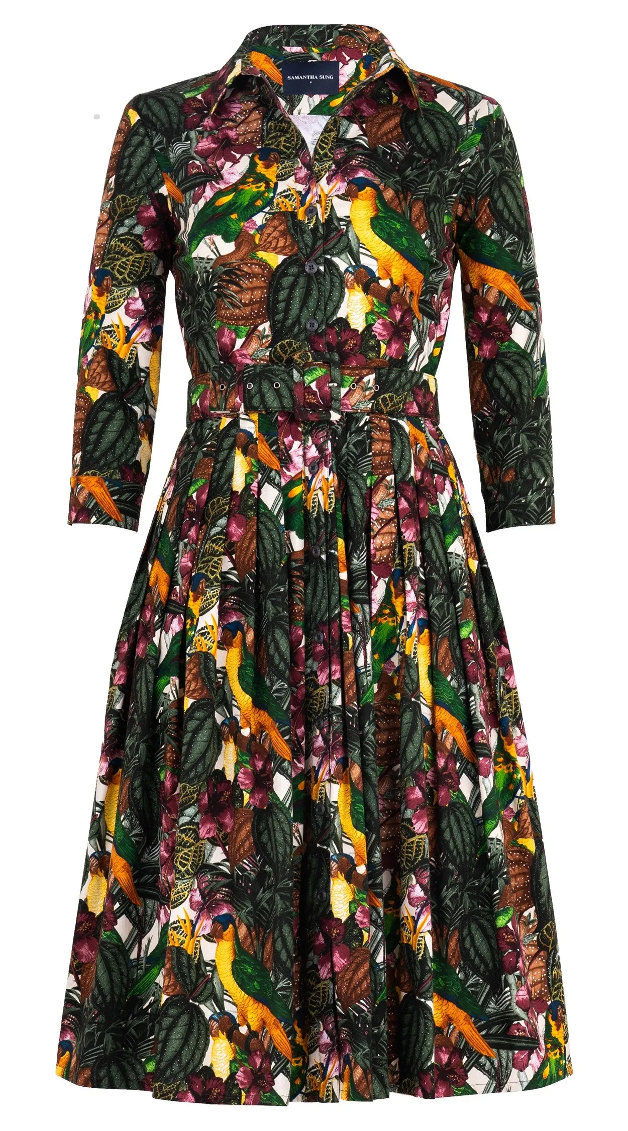 Audrey Dress #2 Shirt Collar 3/4 Sleeve Long Length Cotton Stretch (Mocking Bird)