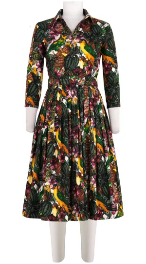 Audrey Dress #2 Shirt Collar 3/4 Sleeve Long Length Cotton Stretch (Mocking Bird)