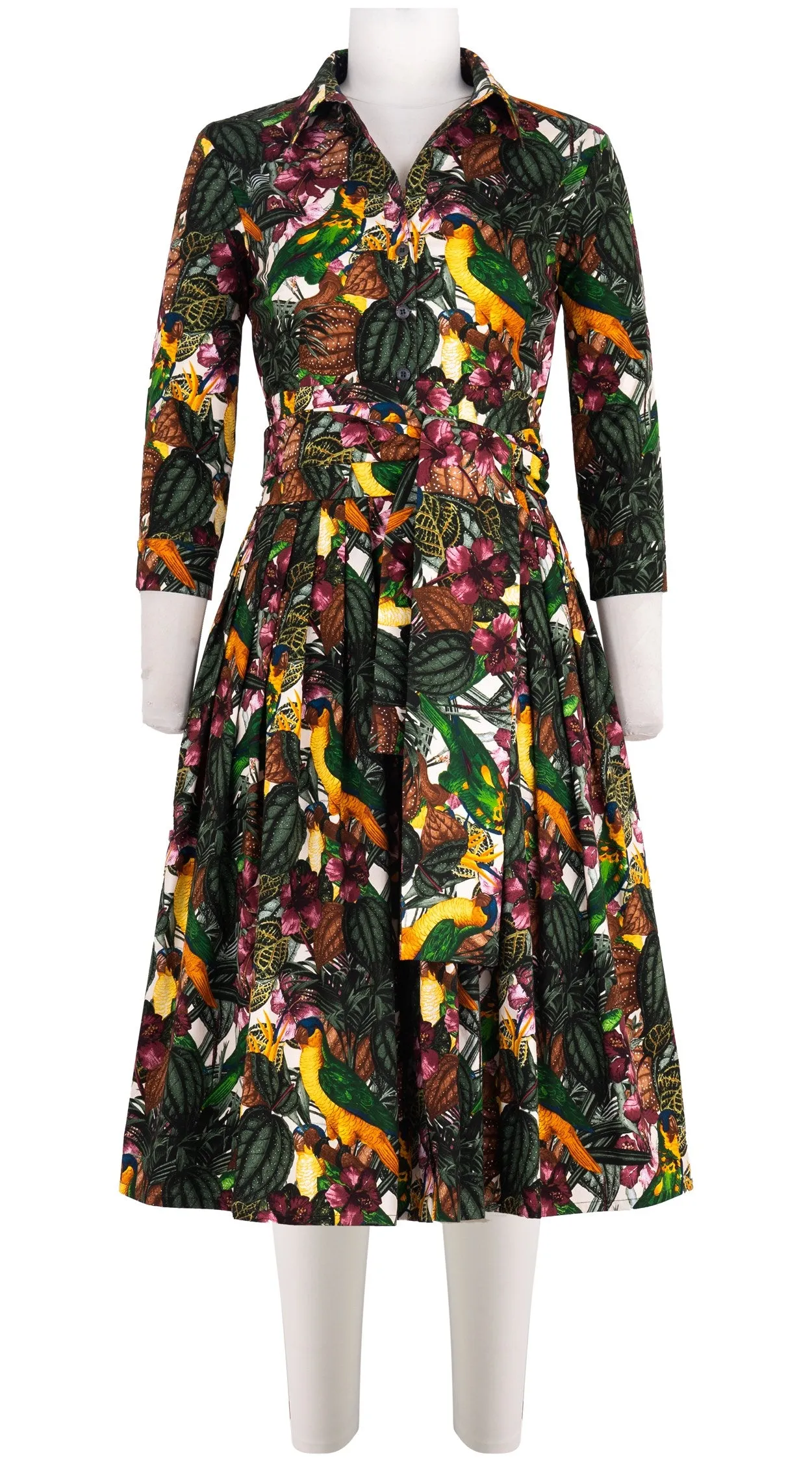 Audrey Dress #2 Shirt Collar 3/4 Sleeve Long Length Cotton Stretch (Mocking Bird)