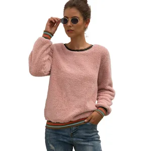 Autumn and Winter New Women's Striped Stitching Plush Pullover Top