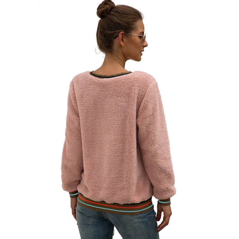 Autumn and Winter New Women's Striped Stitching Plush Pullover Top