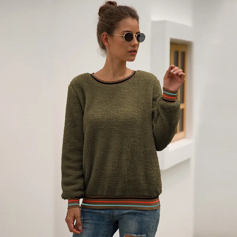 Autumn and Winter New Women's Striped Stitching Plush Pullover Top