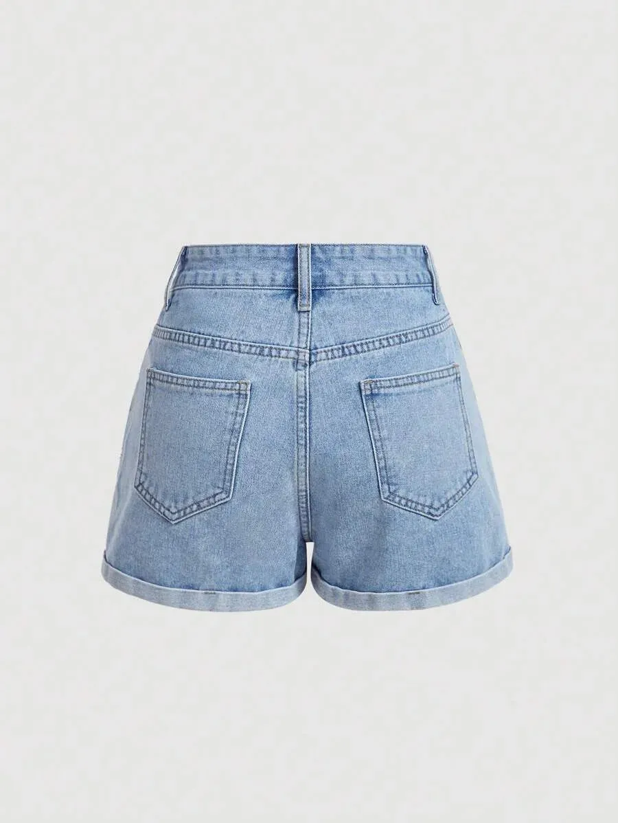 Autumn Denim Shorts Women Floral Embroidered High Waist in Blue