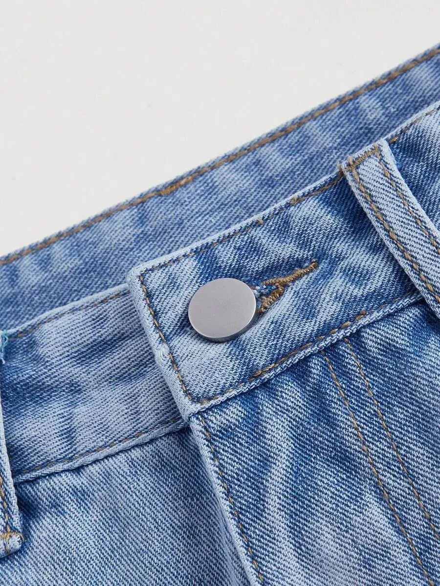 Autumn Denim Shorts Women Floral Embroidered High Waist in Blue