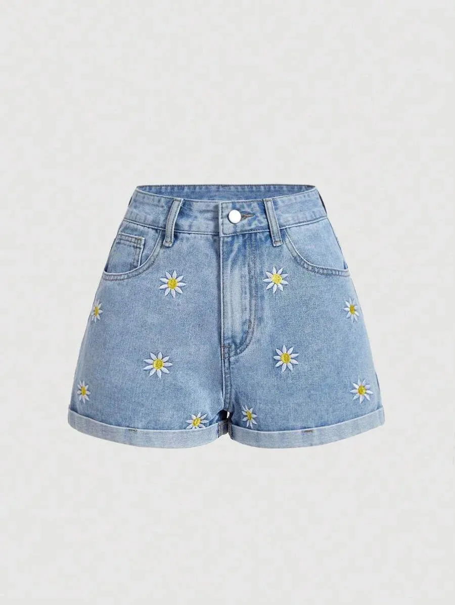 Autumn Denim Shorts Women Floral Embroidered High Waist in Blue