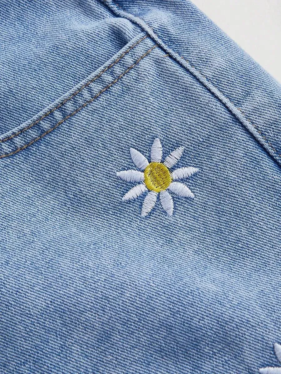 Autumn Denim Shorts Women Floral Embroidered High Waist in Blue
