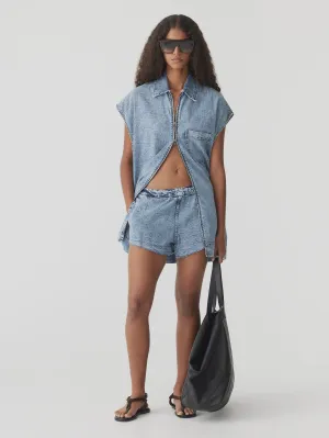 Bassike Denim Pull On Mini Short in Classic Stone Wash