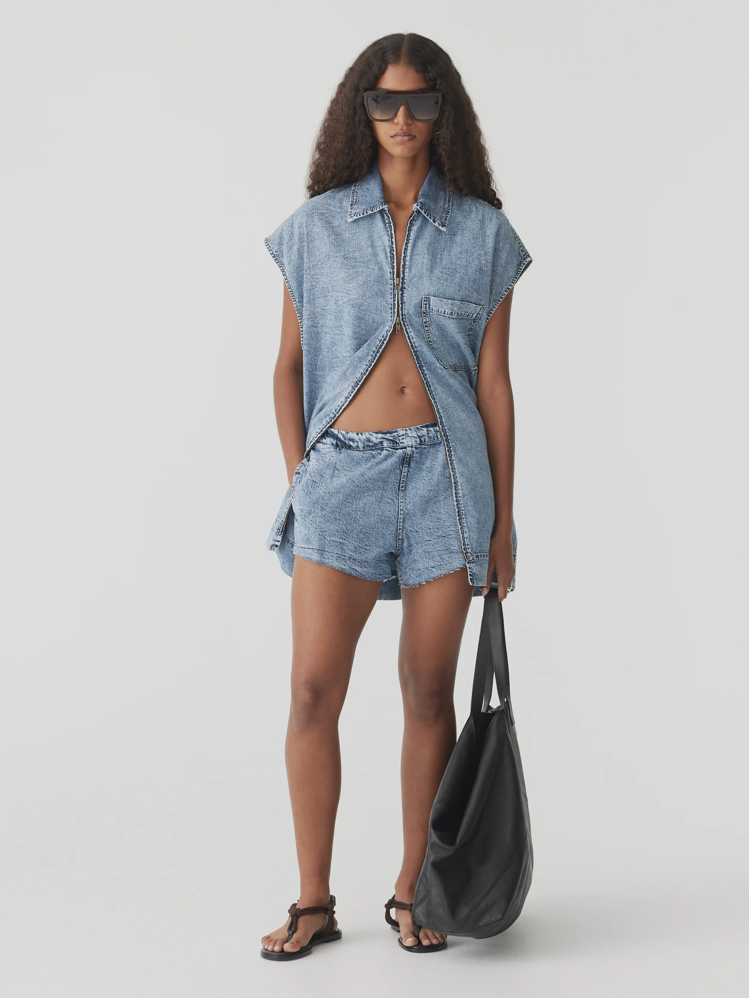 Bassike Denim Pull On Mini Short in Classic Stone Wash