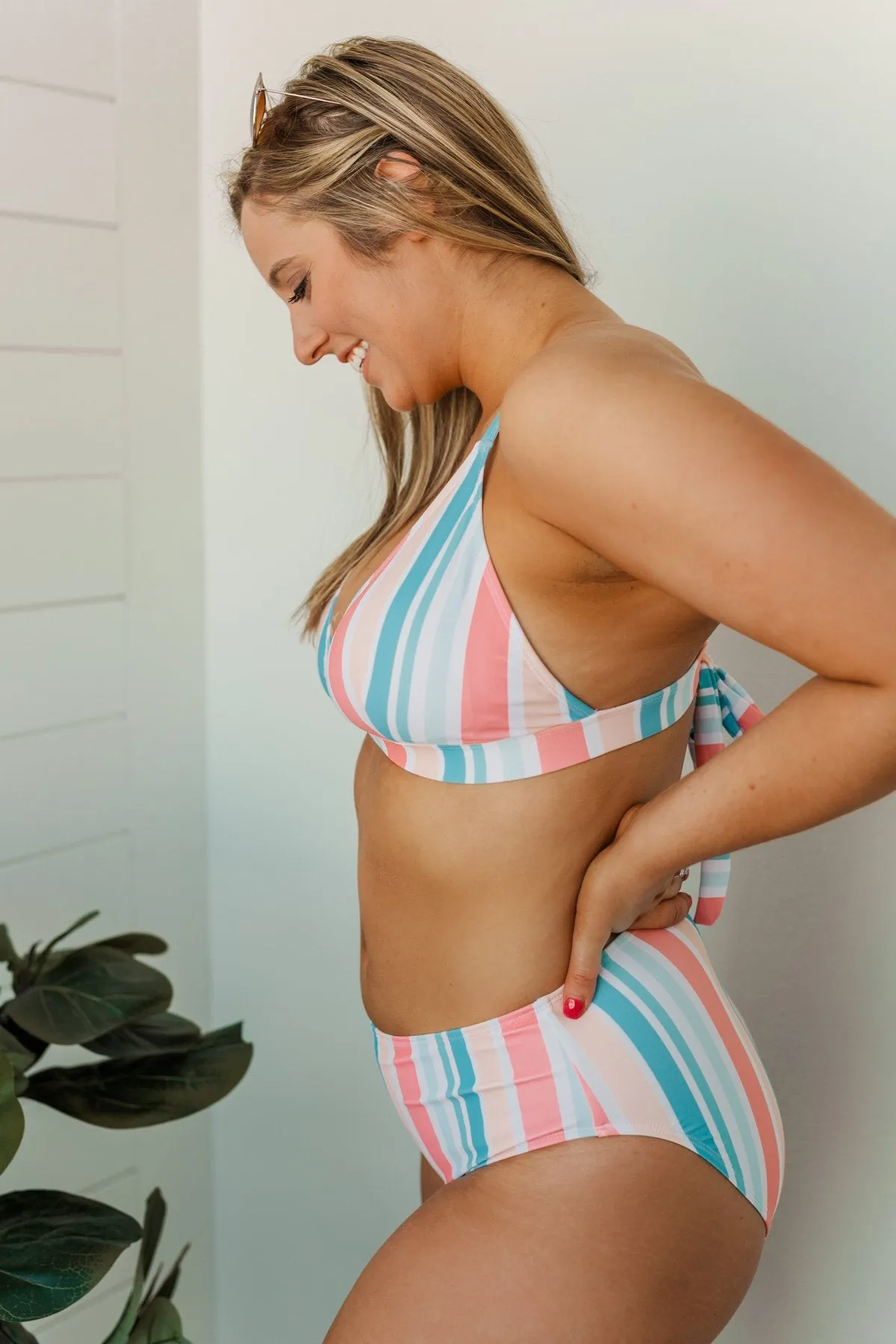 Beach Babe Triangle Bikini Top- Striped Multi-Color