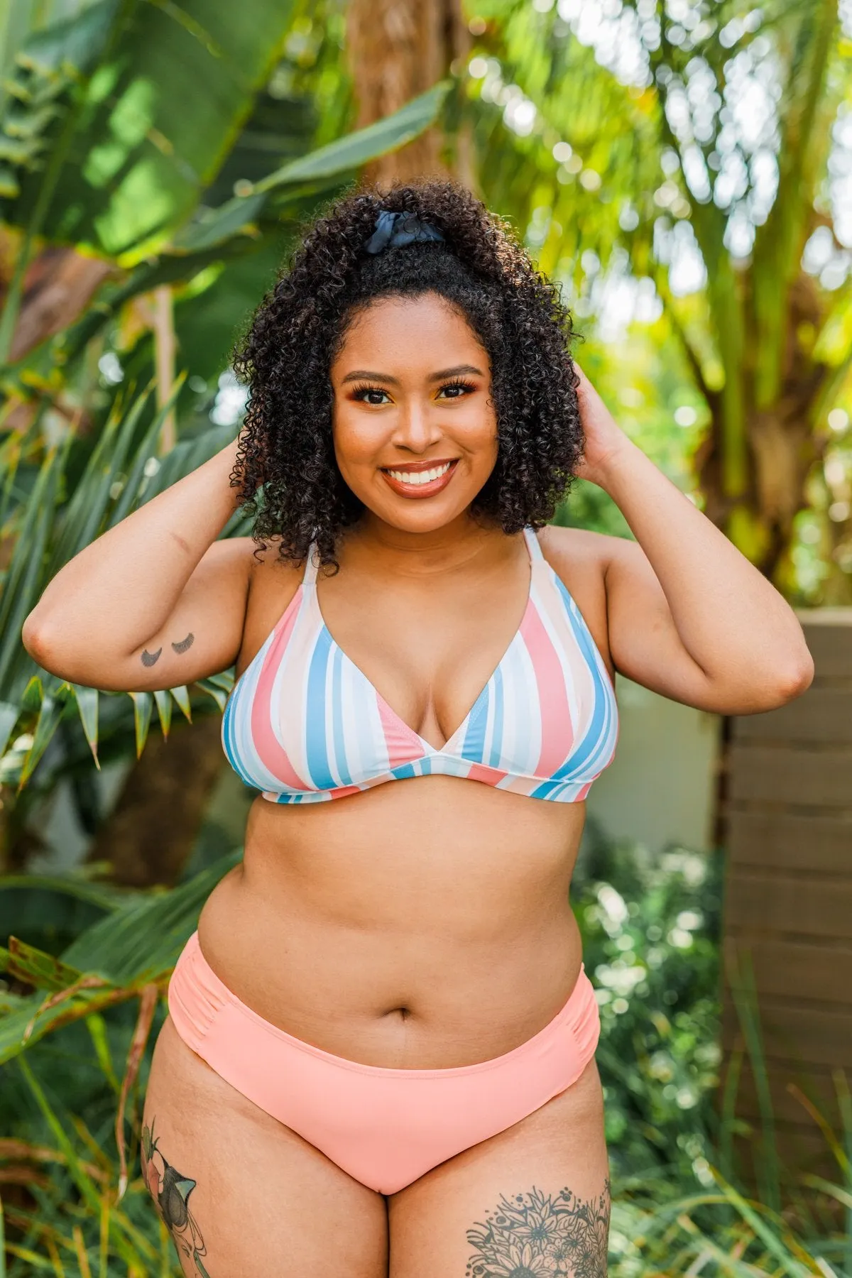 Beach Babe Triangle Bikini Top- Striped Multi-Color