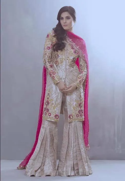 Beautifull gharara set in skin gold and shoking pink color Model#W 887