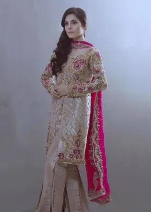 Beautifull gharara set in skin gold and shoking pink color Model#W 887