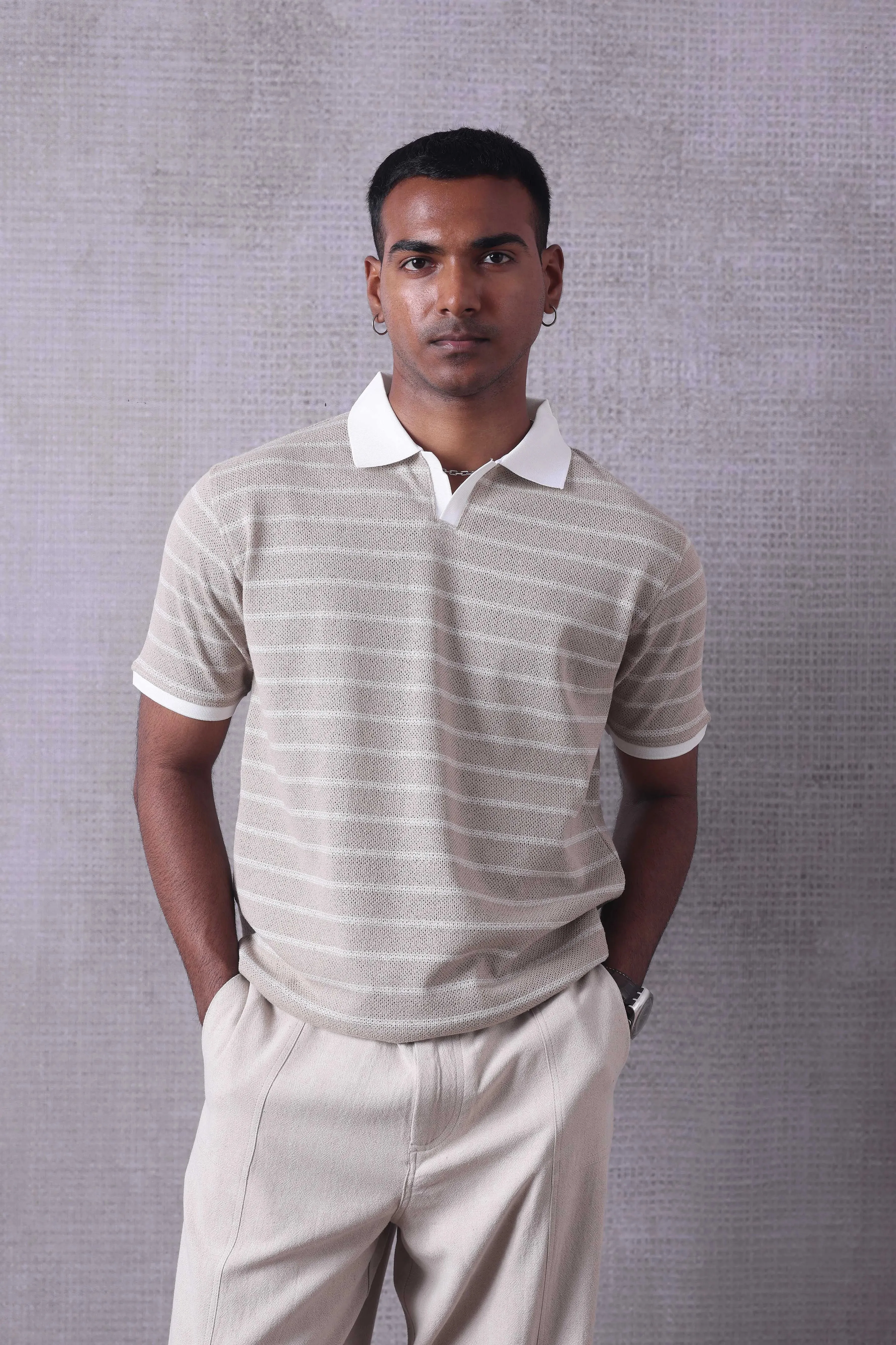 Beige Striped Polo Tshirt