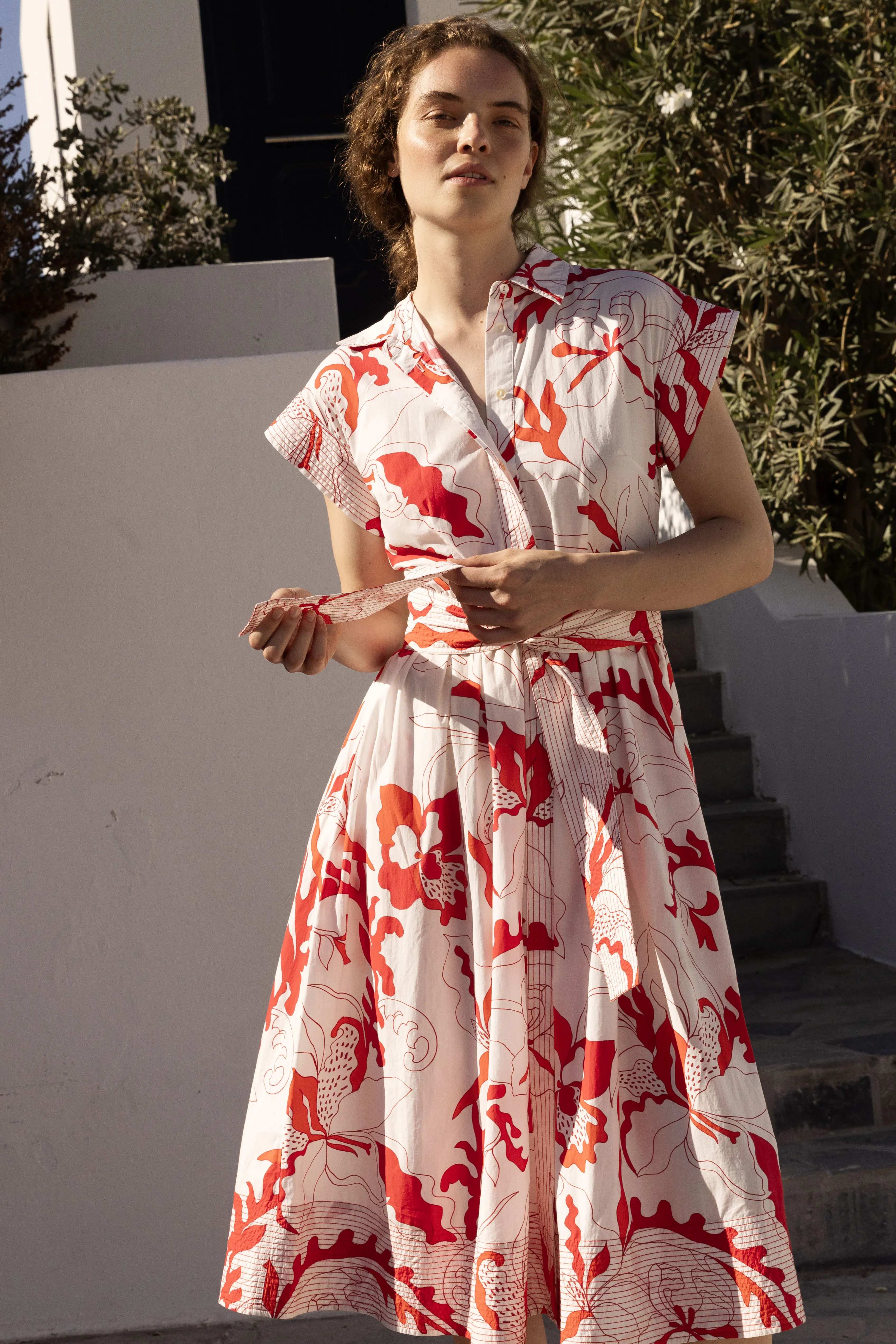 Belted Shirt Dress- Orchid Red