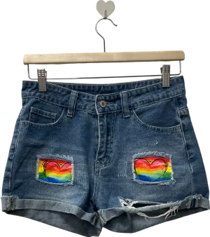 Blue Rainbow Heart Denim Shorts UK 4