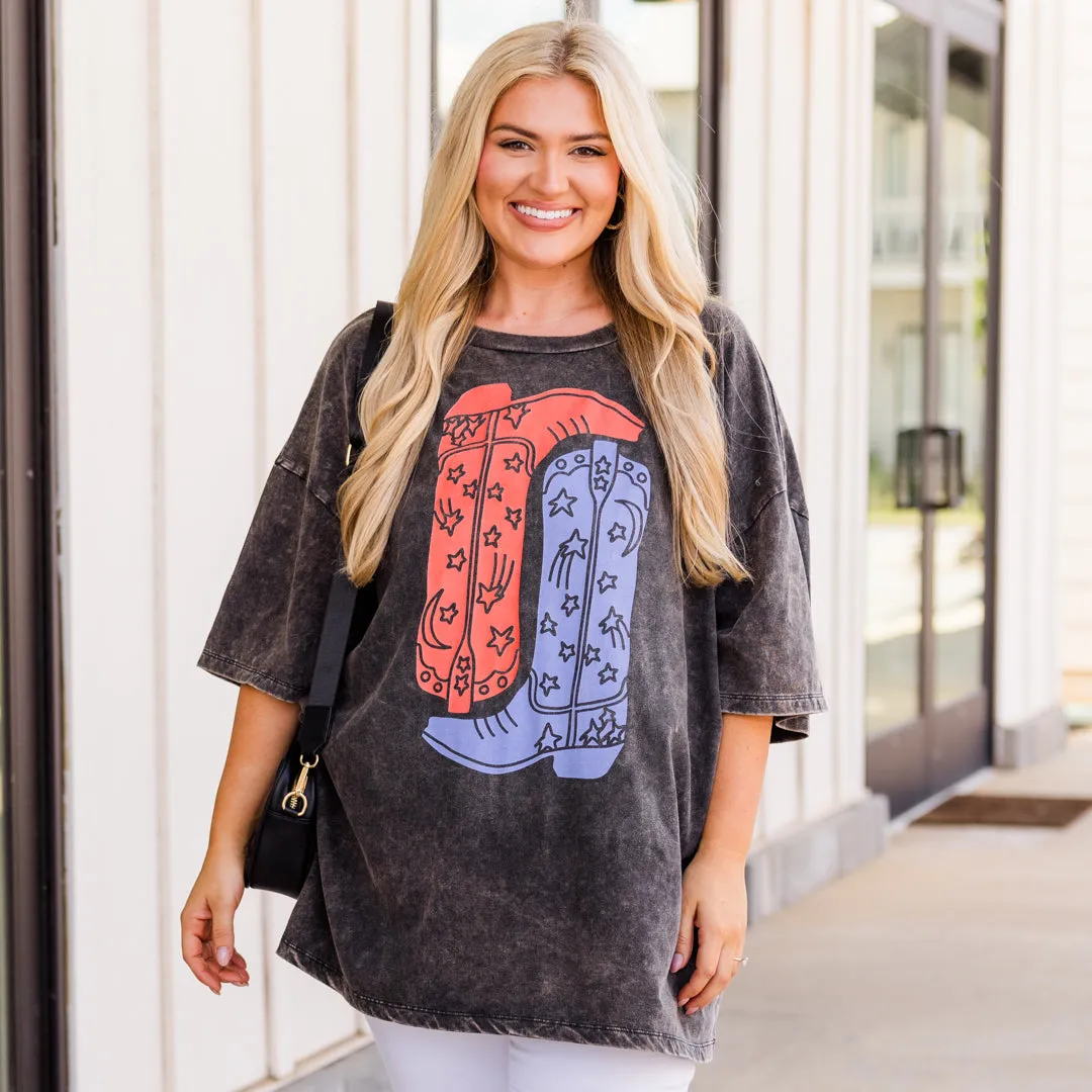 Boot Scootin Cowgirl Acid Wash Boyfriend Tee, Ash Black
