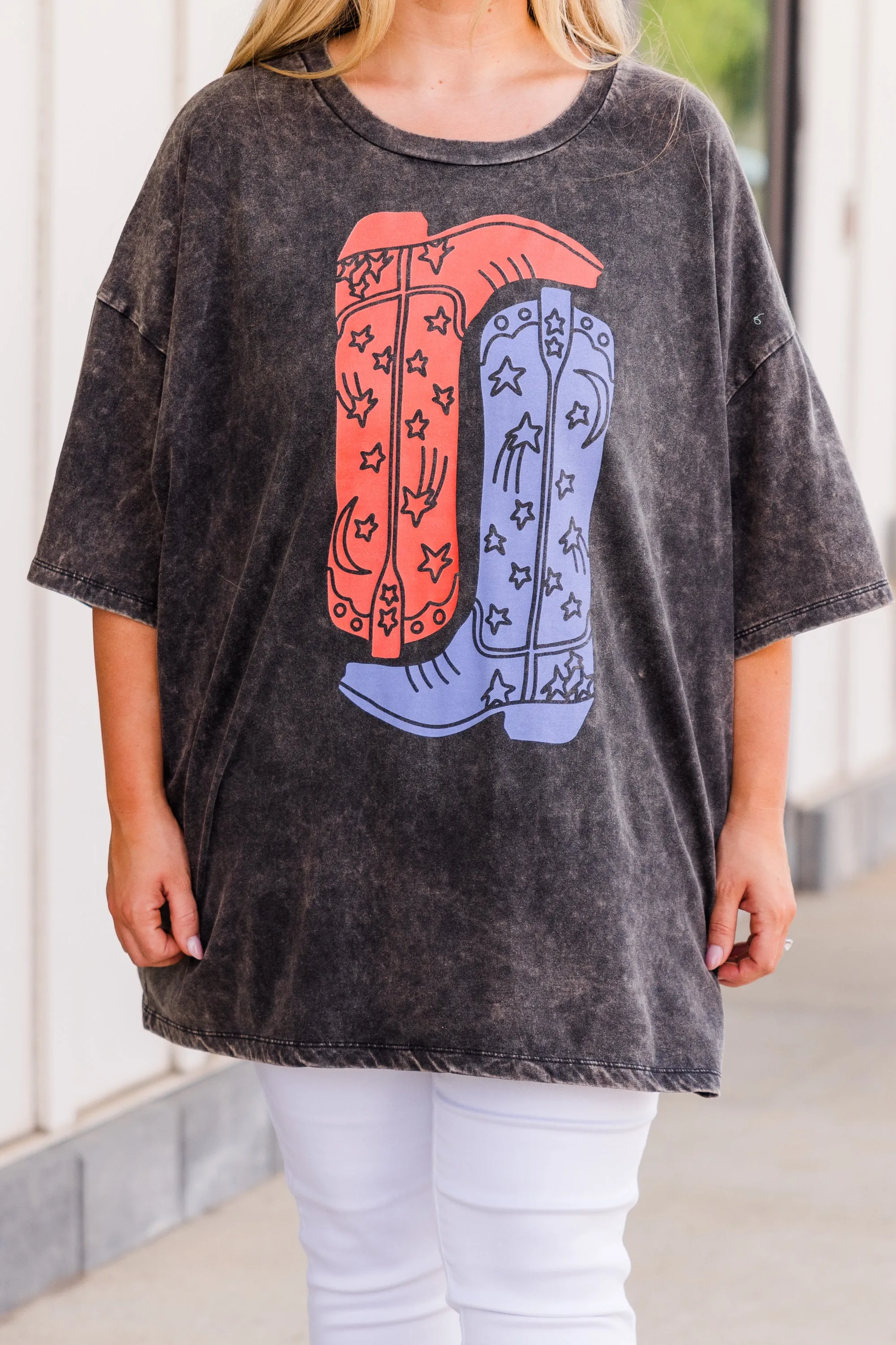 Boot Scootin Cowgirl Acid Wash Boyfriend Tee, Ash Black