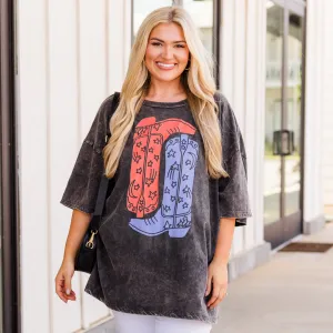 Boot Scootin Cowgirl Acid Wash Boyfriend Tee, Ash Black