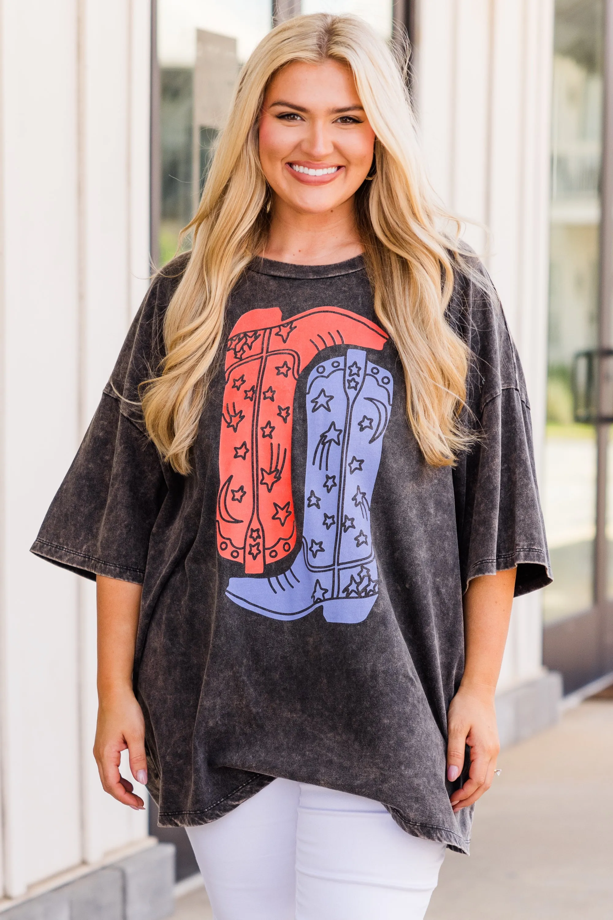 Boot Scootin Cowgirl Acid Wash Boyfriend Tee, Ash Black