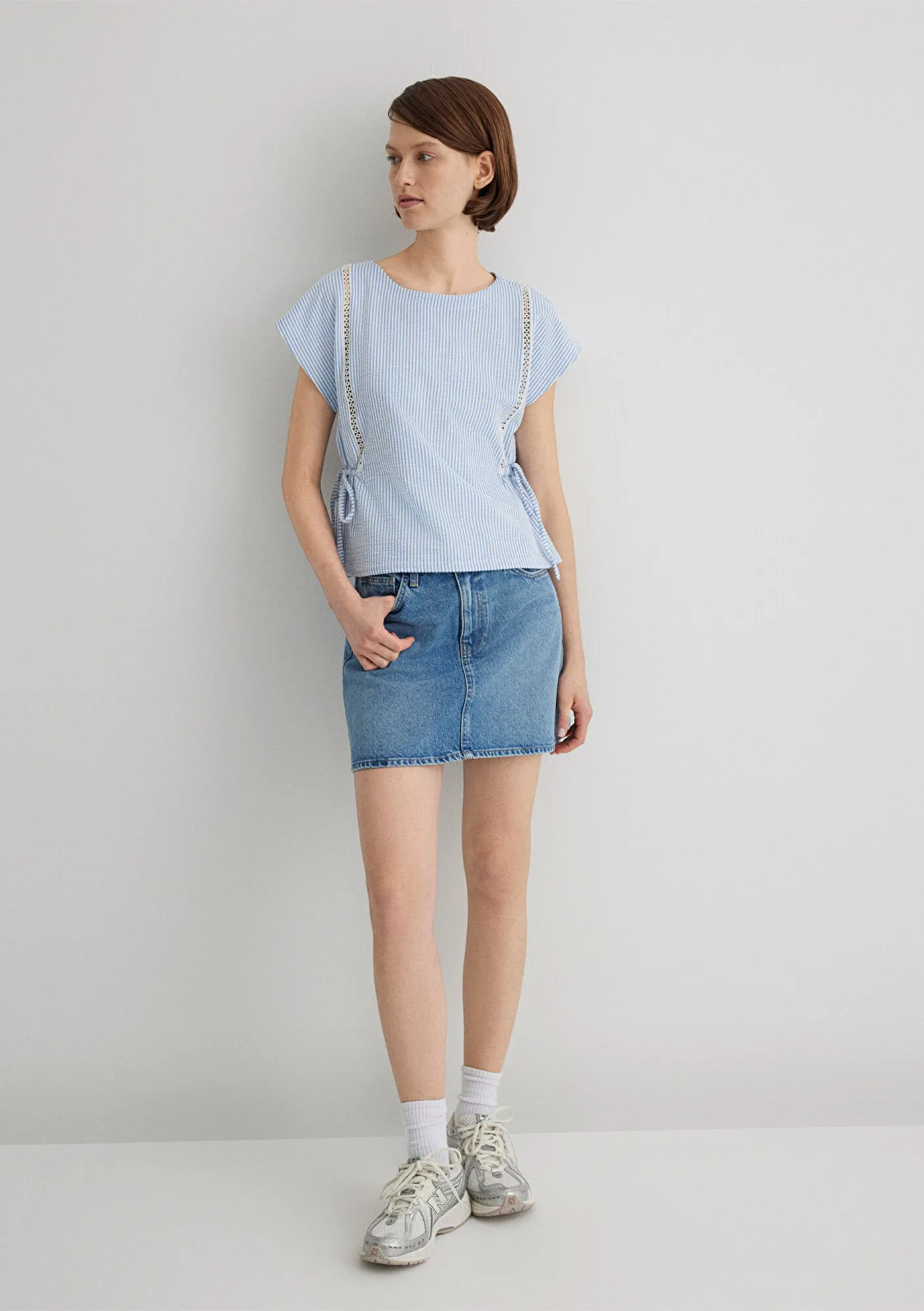 Bow Detailed Striped Blue Top