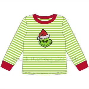 Boy's applique "GRINCH" lime green striped long sleeve shirt (8t)