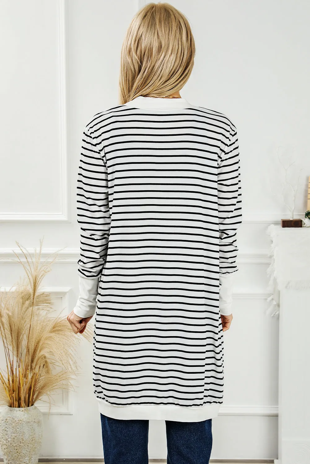 Brown Striped Side Pockets Open Front Cardigan