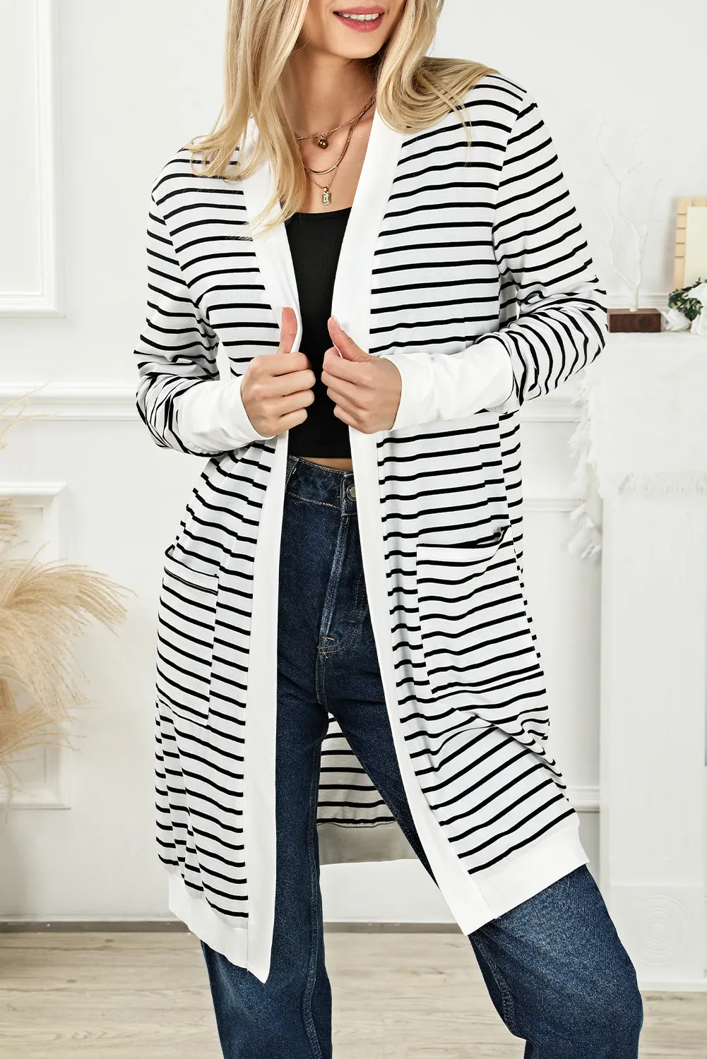 Brown Striped Side Pockets Open Front Cardigan