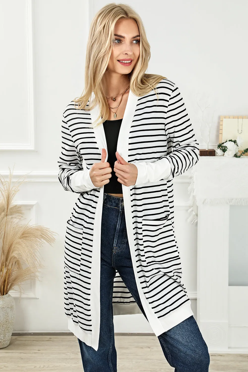 Brown Striped Side Pockets Open Front Cardigan