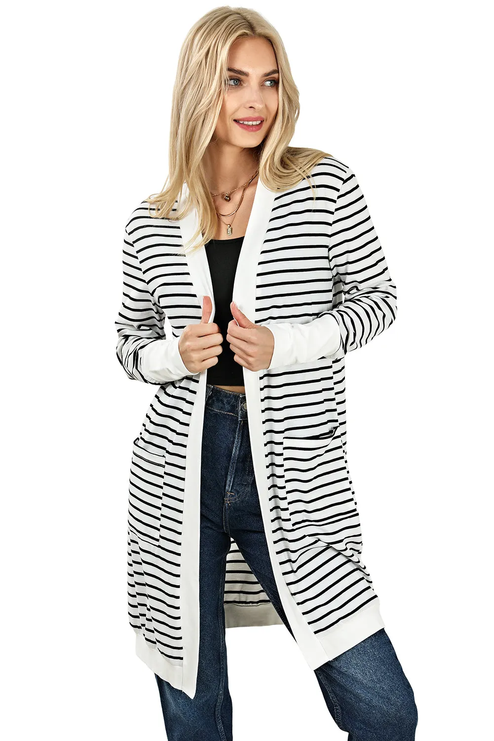Brown Striped Side Pockets Open Front Cardigan
