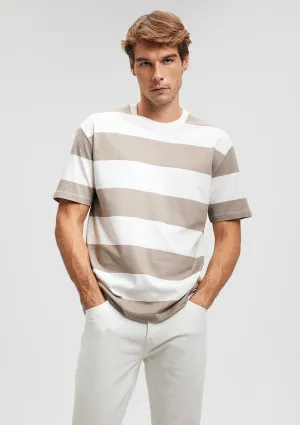 Brown Striped White T-Shirt