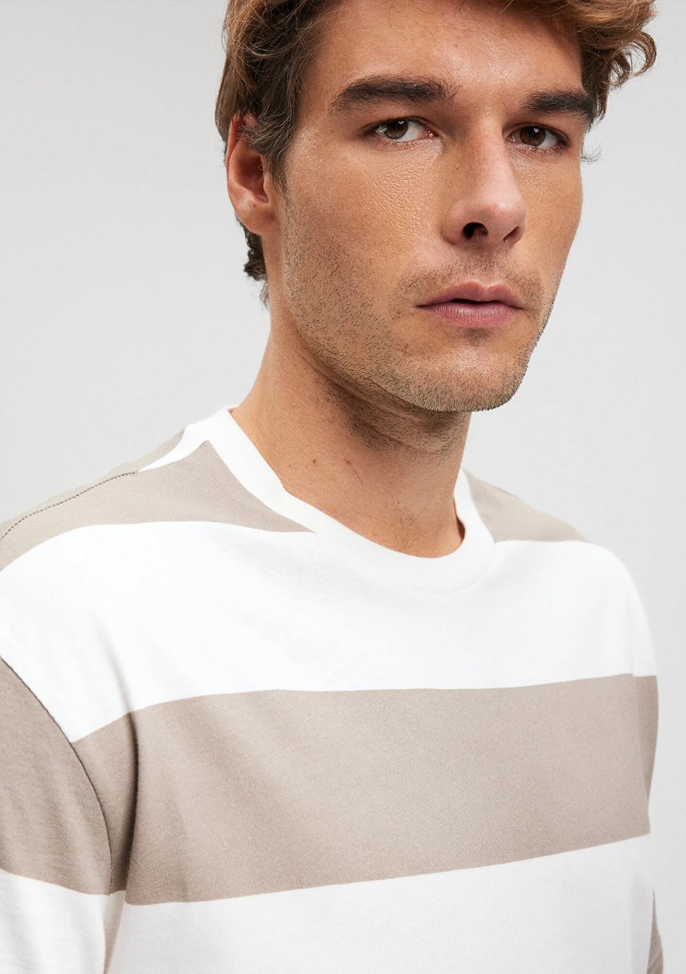 Brown Striped White T-Shirt