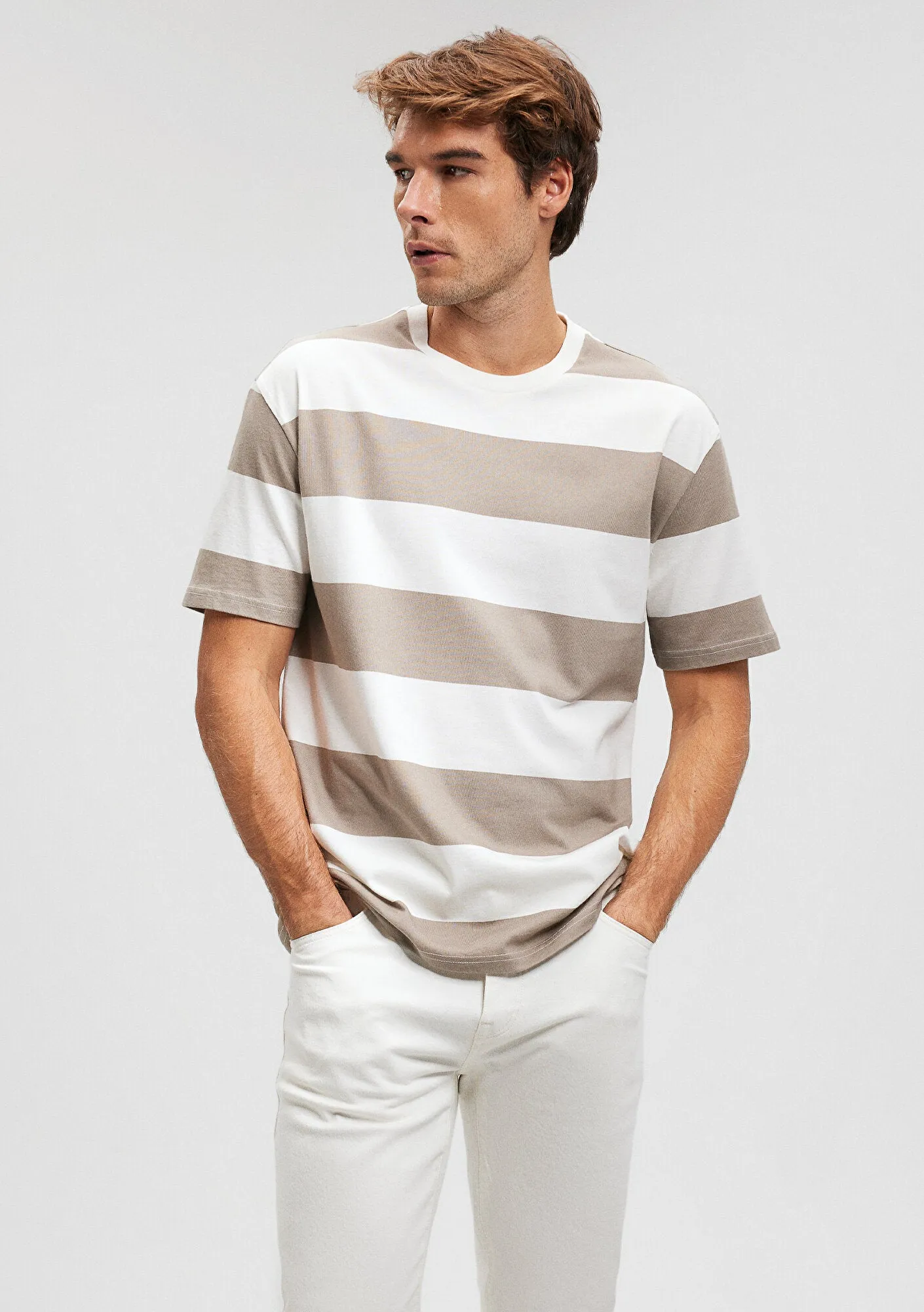 Brown Striped White T-Shirt