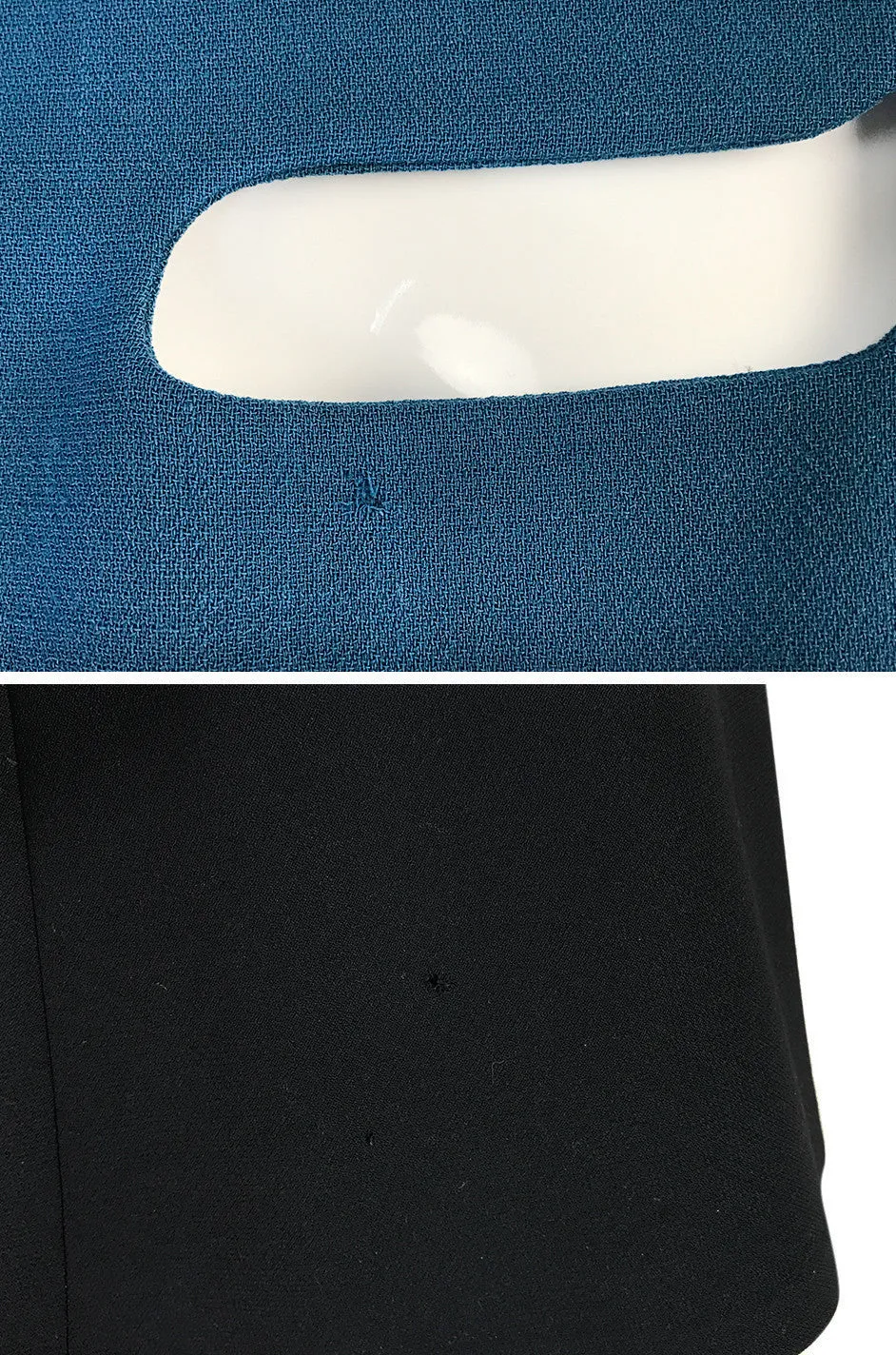 c.1967 Pierre Cardin ‘Cosmocorps’ Collection Cut Out Blue Neckline on Black Wool Dress