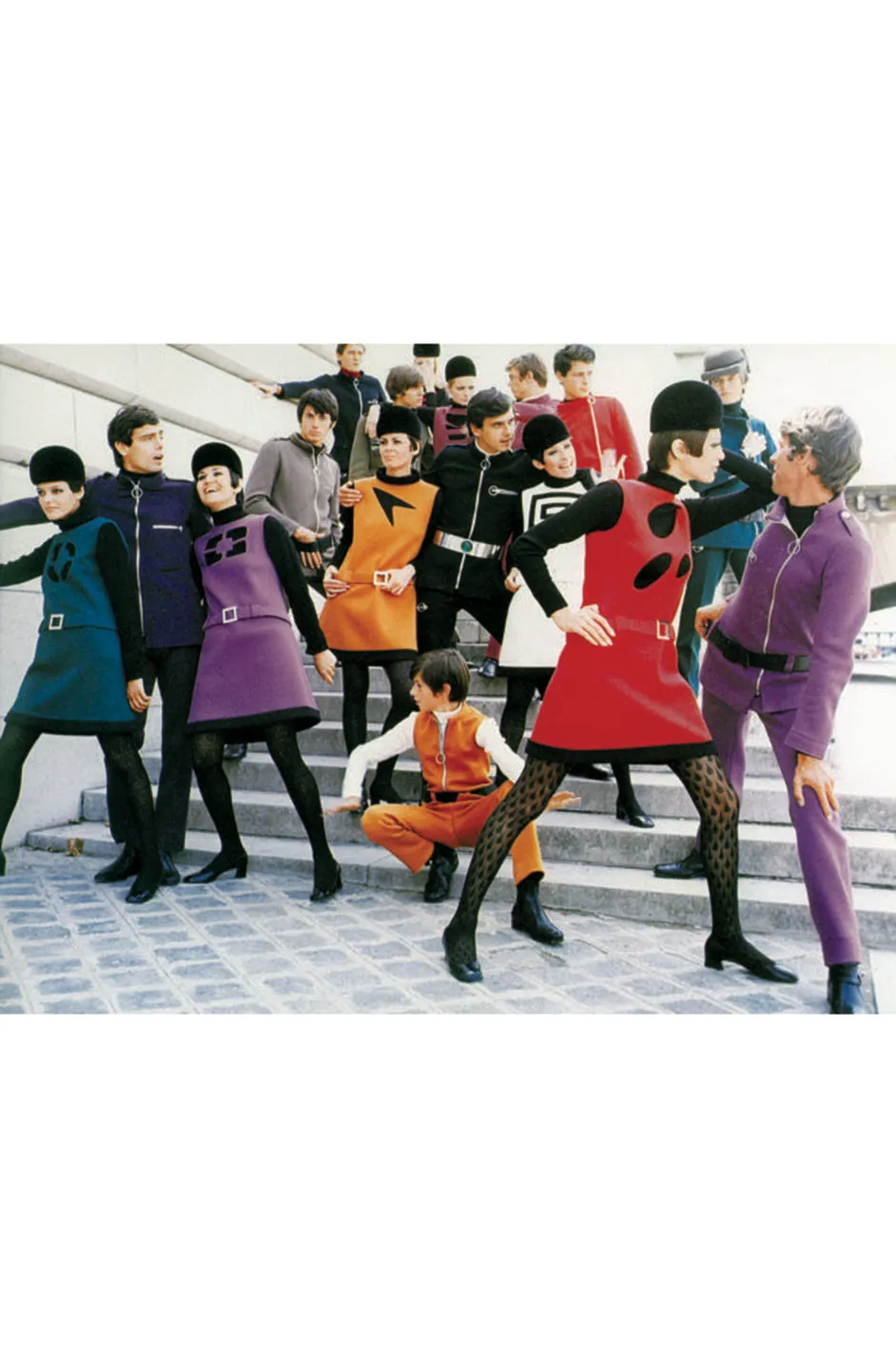 c.1967 Pierre Cardin ‘Cosmocorps’ Collection Cut Out Blue Neckline on Black Wool Dress