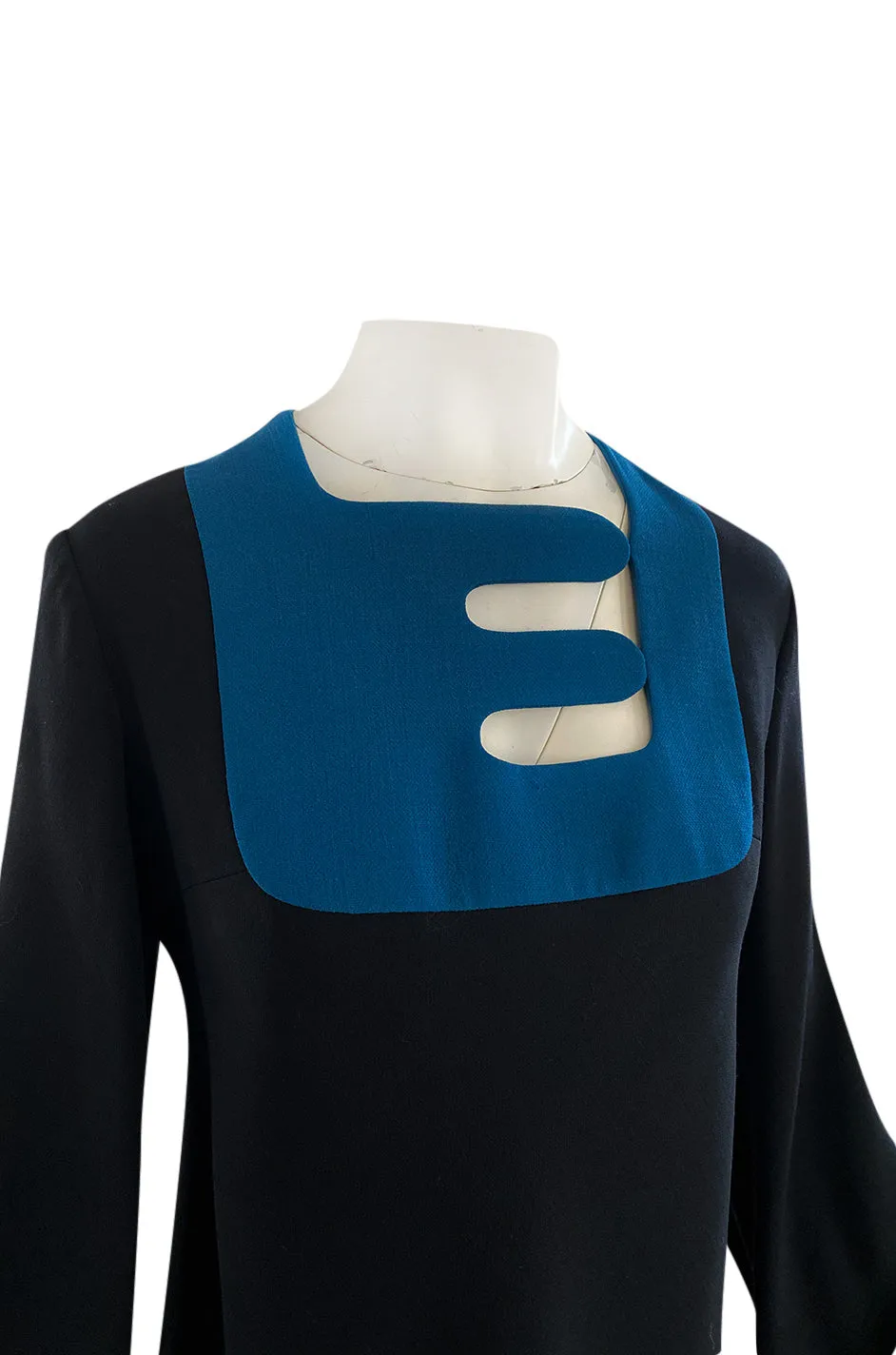 c.1967 Pierre Cardin ‘Cosmocorps’ Collection Cut Out Blue Neckline on Black Wool Dress